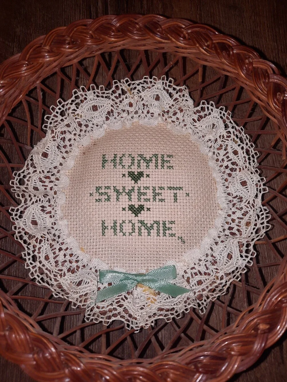 Woven Rattan Wall Basket with Lace Cross-Stitch 
